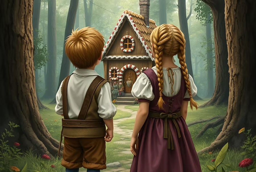 Two kids face away as they are looking into the forest toward a gingerbread house with candy.